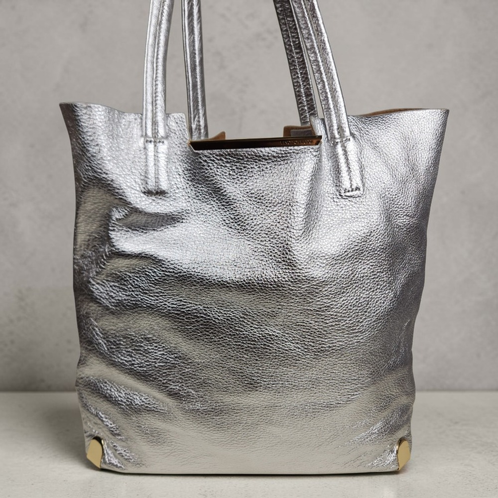 Vince Camuto Silver Leather Tote Bag Womens Metallic Shoulder Handbag